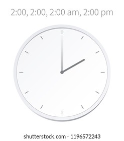 Vector Illustration. Europe And American Time. Analog Wall Clock With: 2:00 Or 14:10; 2:00 am Or 2:00 pm. The Gray Dial Without Numbers On The White Background. Shedule For Business Or Education