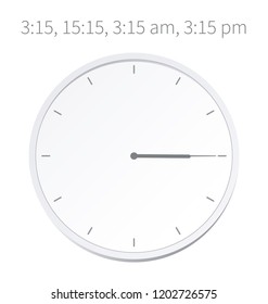 Vector Illustration. Europe And American Time. Analog Wall Clock With: 3:15 Or 15:15; 3:15 am Or 3:15 pm. The Gray Dial Without Numbers On The White Background. Schedule For Business Or Education