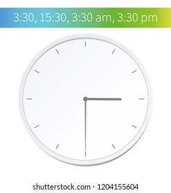 Vector Illustration. Europe And American Time. Analog Wall Clock With: 15:30; 3:30 am Or 3:30 pm. The Gray Dial Without Numbers On The White Background. Schedule For Business Or Education