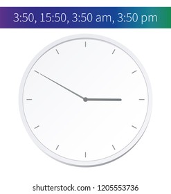 Vector Illustration. Europe And American Time. Analog Wall Clock With: 15:50; 3:50 am Or 3:50 pm. The Gray Dial Without Numbers On The White Background. Schedule For Business Or Education