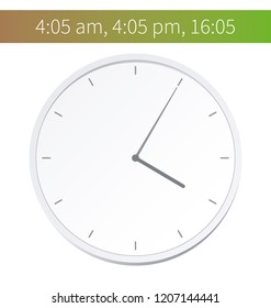 Vector Illustration. Europe And American Time. Analog Wall Clock With: 16:05; 4:05 am Or 4:05 pm. The Gray Dial Without Numbers On The White Background. Schedule For Business Or Education