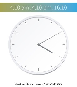 Vector Illustration. Europe And American Time. Analog Wall Clock With: 16:10; 4:10 am Or 4:10 pm. The Gray Dial Without Numbers On The White Background. Schedule For Business Or Education