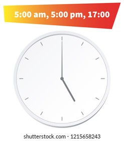 Vector Illustration. Europe And American Time. Analog Wall Clock With: 17:00; 5:00 am Or 5:00 pm. The Gray Dial Without Numbers On The White Background. Schedule For Business Or Education