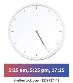 Vector Illustration. Europe And American Time. Analog Wall Clock With: 17:25; 5:25 am Or 5:25 pm. The Gray Dial Without Numbers On The White Background. Schedule For Business Or Education