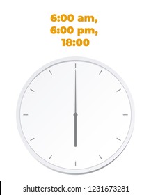 Vector Illustration. Europe And American Time. Analog Wall Clock With: 18:00; 6:00 am Or 6:00 pm. The Gray Dial Without Numbers On The White Background. Schedule For Business Or Education