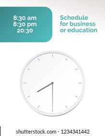 Vector Illustration. Europe And American Time. Analog Wall Clock With: 8:30 am Or 8:30 pm; 8:30. The Gray Dial Without Numbers On The White Background. Schedule For Business Or Education