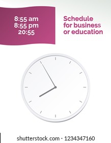 Vector Illustration. Europe And American Time. Analog Wall Clock With: 8:55 am Or 8:55 pm; 20:55. The Gray Dial Without Numbers On The White Background. Schedule For Business Or Education