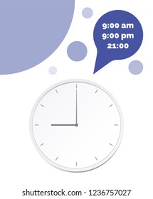 Vector Illustration. Europe And American Time. Analog Wall Clock With: 9:00 am Or 9:00 pm; 21:00. The Gray Dial Without Numbers On The White Background. Schedule For Business Or Education