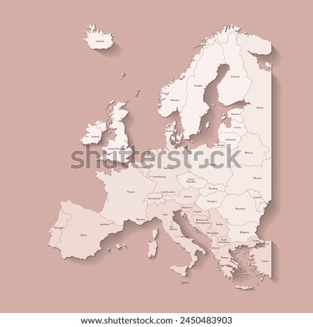 Vector illustration with Europe continent with borders of countries and names of states. Political map in brown colors with regions. Beige background