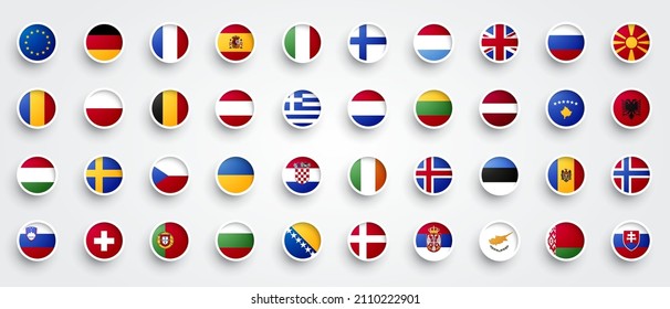 Vector Illustration Europe Flag Set. Buttons Of European Flags