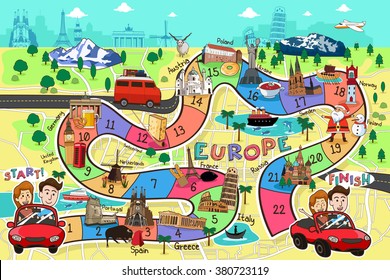 A vector illustration of Europe travel board game design