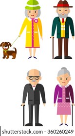 Vector Illustration of European adult man and woman 
Set of  European old people in different situations