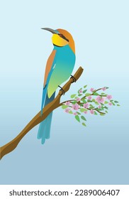 
A vector illustration of a European bee eater. The bird is perched on a branch with some pink blossom and green leafs.