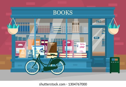 Vector illustration of european book shop showcase with lots of books with bicycle outside. Book shop exterior in flat style. 