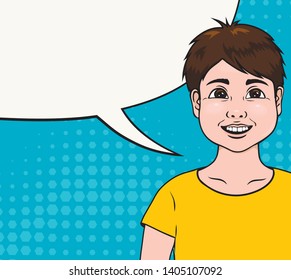 Vector illustration of European child in pop art style. Smiling boy with empty space for text. Advertising poster template. Back to school