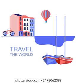 vector illustration with european city and boats