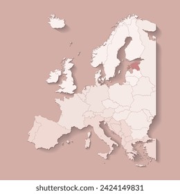 Vector illustration with european land with borders of states and marked country Estonia. Political map in brown colors with western, south and etc regions. Beige background