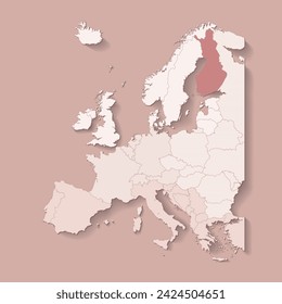 Vector illustration with european land with borders of states and marked country Finland. Political map in brown colors with western, south and etc regions. Beige background