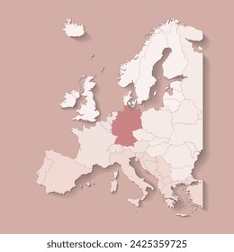 Vector illustration with european land with borders of states and marked country Germany. Political map in brown colors with western, south and etc regions. Beige background