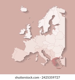 Ilustración vectorial con tierra europea con fronteras de estados y país marcado Grecia. Mapa político en colores marrones con regiones del oeste, sur y etc. Fondo beige