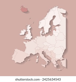 Vector illustration with european land with borders of states and marked country Iceland. Political map in brown colors with western, south and etc regions. Beige background