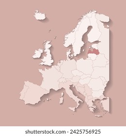 Vector illustration with european land with borders of states and marked country Latvia. Political map in brown colors with western, south and etc regions. Beige background