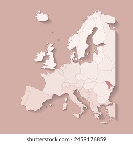 Vector illustration with european land with borders of states and marked country Moldova. Political map in brown colors with western, south and etc regions. Beige background