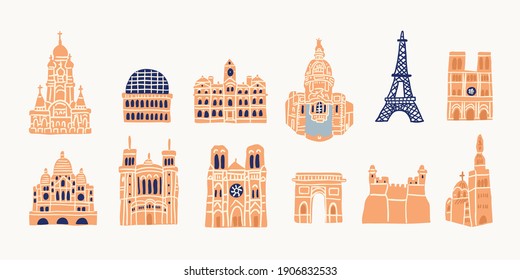 Vector illustration with European old buildings, monuments, cathedrals, towers, notre dame isolated on white background. Paris architecture landmarks isolated.