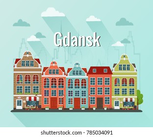 Vector illustration of european town Gdansk. Flat design. Old houses.