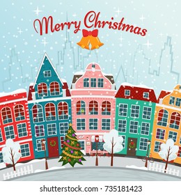 Vector illustration of european winter christmas town. Flat design.