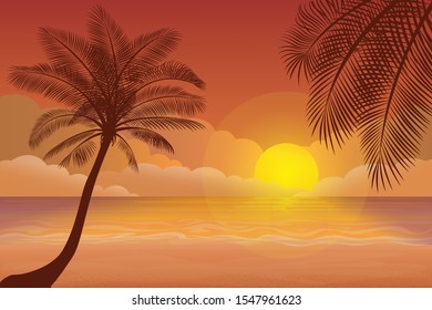Vector illustration - Evening beach silhouette. Palm, sand, ocean on  background. Sunset with palm leaves.