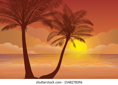 Vector illustration - Evening beach silhouette. Palm, sand, ocean on background. Sunset with palm leaves.