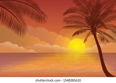 Vektorgrafik - Abends Strandsilhouette. Palm, Sand, Ozean auf Hintergrund. Sonnenuntergang mit Palmenblättern.