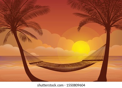 Vector illustration - Evening beach silhouette. Hammock to relax. Palm, sand, ocean on background. Sunset with palm leaves.