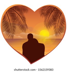 Vector illustration - Evening beach silhouette. Palm, sand, ocean on  background. Sunset with palm leaves. Romantic couple sitting on the beach.