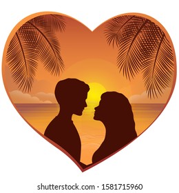Vector illustration - Evening beach silhouette. Palm, sand, ocean on  background. Sunset with palm leaves. Romantic couple sitting on the beach.