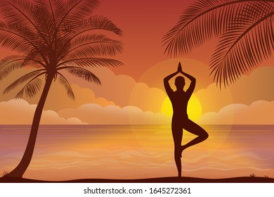 Ilustración vectorial - Silhouette de playa nocturna. Palma, arena, océano en segundo plano. Atardecer con hojas de palma. Ejercicios de yoga en la playa.