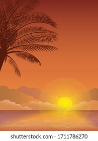 Vector illustration - Evening beach silhouette. Palm, sand, ocean on background. Sunset with palm leaves. 