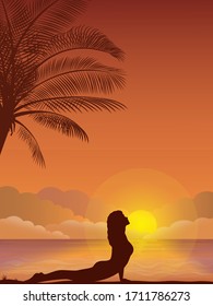 Vector illustration - Evening beach silhouette. Palm, sand, ocean on background. Sunset with palm leaves. Yoga exercises on the beach.