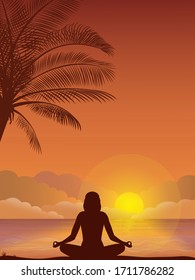 Vector illustration - Evening beach silhouette. Palm, sand, ocean on background. Sunset with palm leaves. Yoga exercises on the beach.