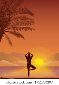 Vector illustration - Evening beach silhouette. Palm, sand, ocean on background. Sunset with palm leaves. Yoga exercises on the beach.