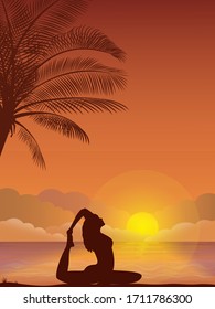 Vector illustration - Evening beach silhouette. Palm, sand, ocean on background. Sunset with palm leaves. Yoga exercises on the beach.