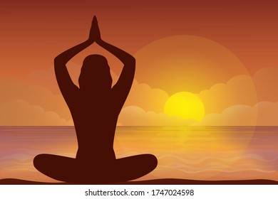 Vector illustration - Evening beach silhouette. Sand, ocean on background. Sunset with palm leaves. Yoga exercises on the beach.