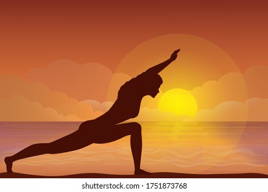 Vector illustration - Evening beach silhouette. Sand and ocean  background. Sunset yoga exercises on the beach.