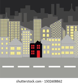 Vector illustration of evening city landscape in gray with central black house