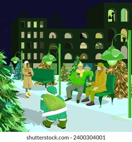 Vector illustration of an evening city, on the eve of the Christmas holidays, in green tones. Walks, meetings, communication, buying gifts, friendly a