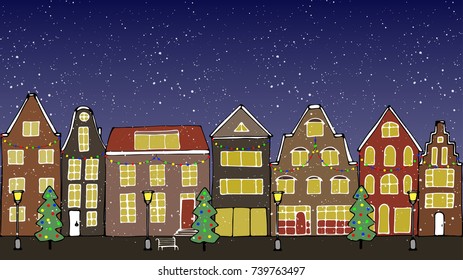 Vector illustration. Evening city on Christmas day. House, Christmas trees, benches and lampposts.