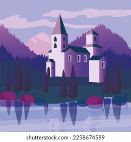 Vector illustration of an evening or dawn church or castle at the lake in the mountains