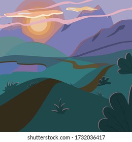 Vector illustration with evening landscape, with mountains, lake and road.