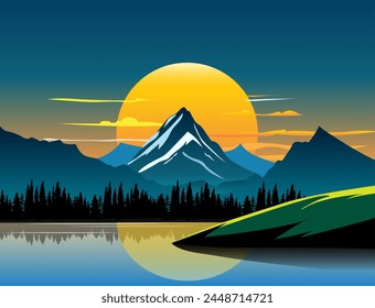 Vector illustration of evening mountain view and beautiful flowers.
